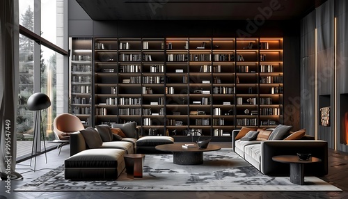 Contemporary library interior with bookshelves