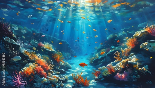 Vibrant underwater paradise with crystal clear water, sunlit rays highlighting colorful fish and coral reefs