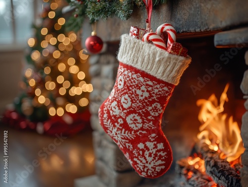 Cozy Christmas Scene: Stocking Filled with Gifts by Fireplace with Warm Fire Glow, Holiday Colors, Nikon Z7 II 50mm Lens Shot photo