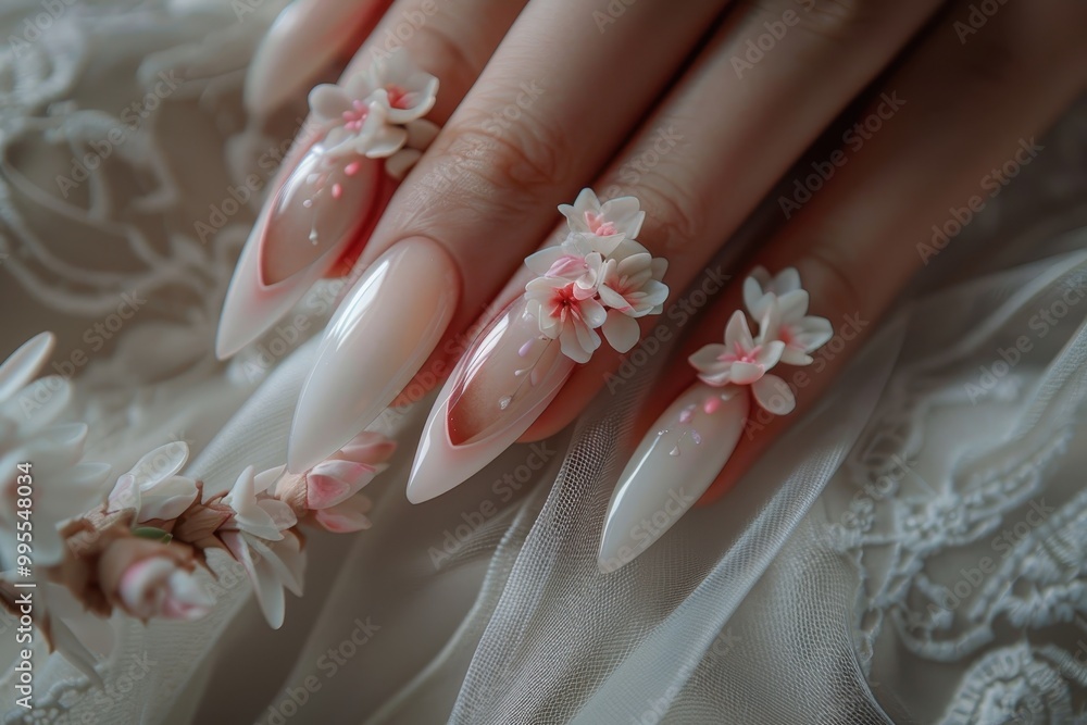 Elegant white flower nail art with clear tips showcasing delicate floral details on a well-manicured hand Elegant white flower nail art with clear tips showcasing delicate floral details on a well-manicured hand