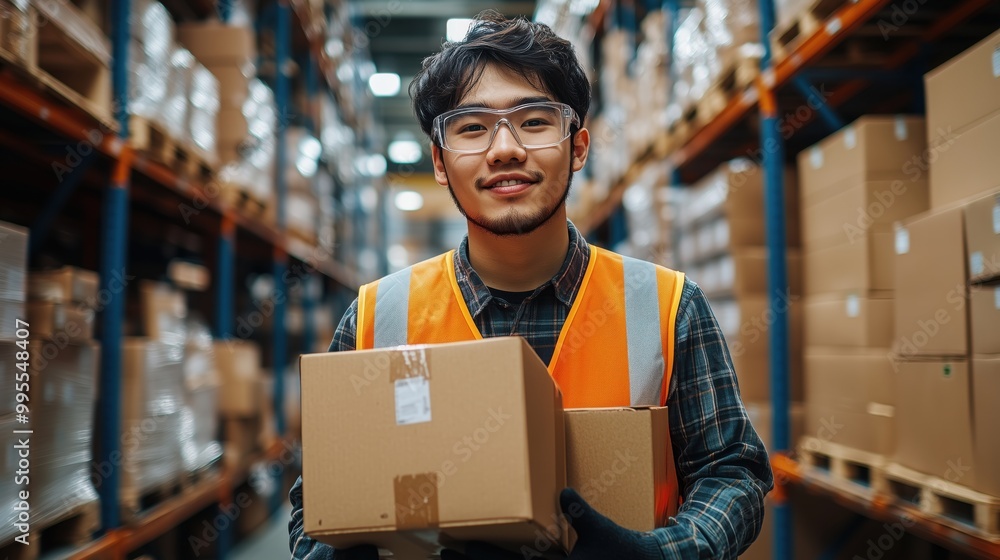 Warehouse worker holds two boxes while standing in a large warehouse, illustrating manual package handling and logistics operations in global supply chains. Warehouse worker holds two boxes while standing in a large warehouse, illustrating manual package handling and logistics operations in global supply chains.