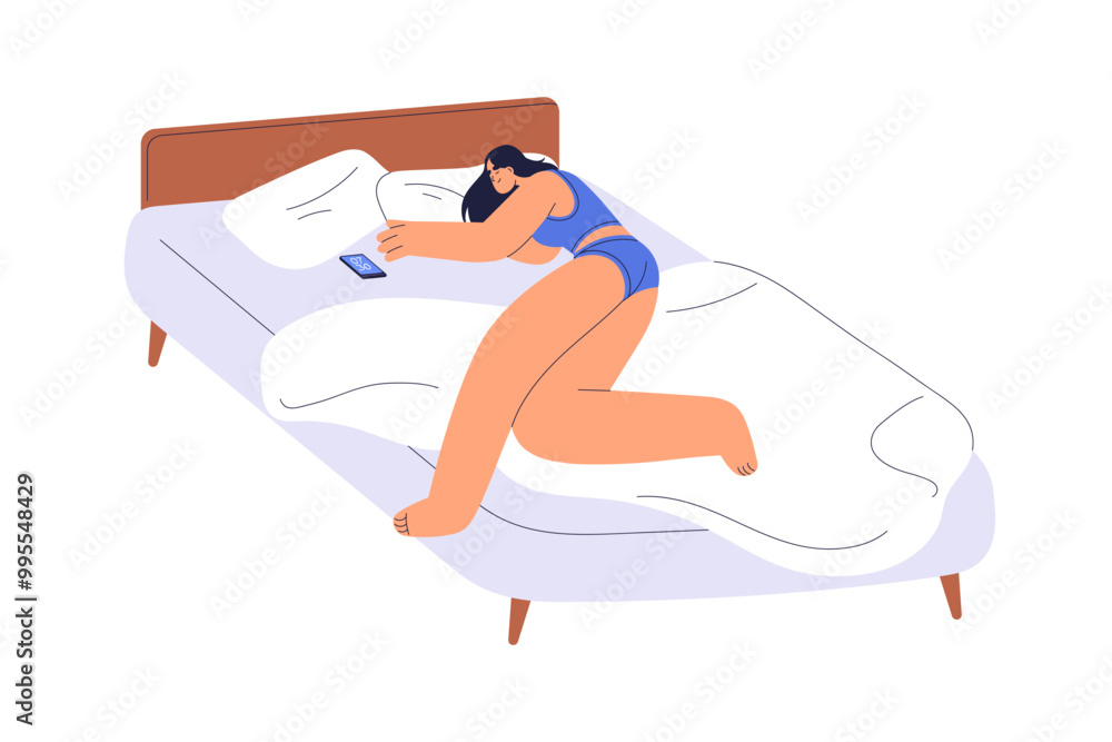 Fototapeta premium Woman lying in bed, waking up in morning with smartphone. Happy girl sleeping with mobile phone. Female character asleep with device, wakeup time. Flat vector illustration isolated on white background