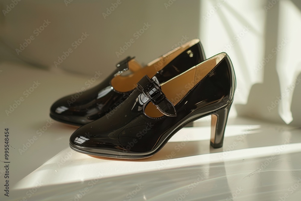 Elegant black patent leather high-heeled shoes on a light background showcasing a stylish buckle design and modern silhouette perfect for formal occasions or fashion events Elegant black patent leather high-heeled shoes on a light background showcasing a stylish buckle design and modern silhouette perfect for formal occasions or fashion events