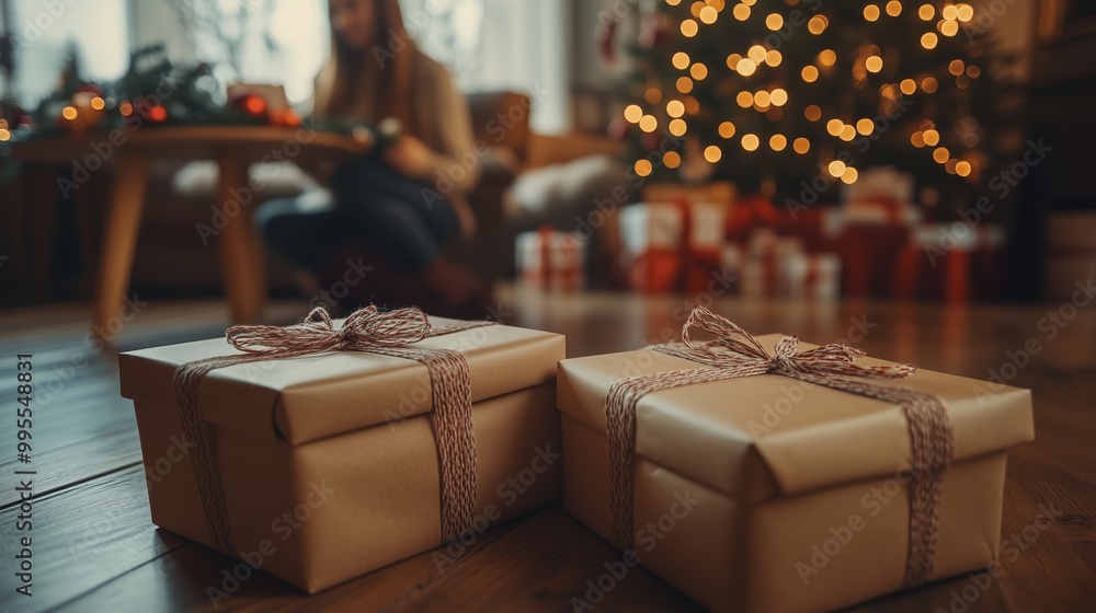 Fototapeta premium Gift boxes in cozy holiday setting. Gift boxes tied with twine are placed in a cozy holiday setting, symbolizing the role of logistics and e-commerce in the busy holiday season for global deliveries.