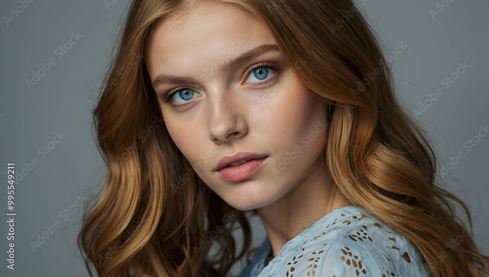 Fototapeta premium Captivating Gaze: A woman with long, flowing auburn hair and striking blue eyes gazes directly at the viewer, her captivating expression hinting at both confidence and vulnerability.