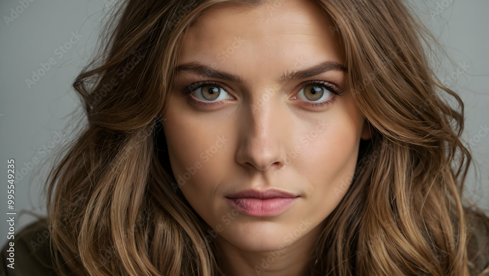 Intriguing Gaze: A captivating portrait of a woman with a determined yet alluring gaze, her long brown hair framing her face. Intriguing Gaze: A captivating portrait of a woman with a determined yet alluring gaze, her long brown hair framing her face.