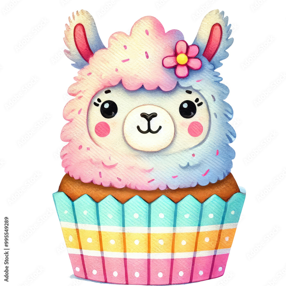 A cute, cartoonish llama cupcake with pastel colors, featuring a fluffy llama head topped with a flower on a colorful striped cupcake base. A cute, cartoonish llama cupcake with pastel colors, featuring a fluffy llama head topped with a flower on a colorful striped cupcake base.