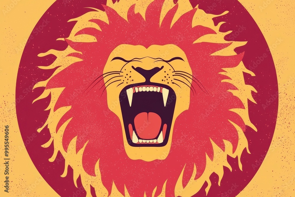 Obraz premium Roaring Lion with a Red and Yellow Background
