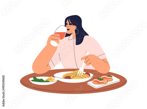 Woman enjoying dinner, eating food and drinking wine. Female sitting alone at dining table, relaxing with delicious meal, dish and wineglass. Flat vector illustration isolated on white background