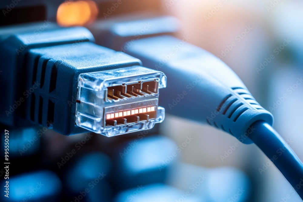 Close up of a blue RJ45 connector with visible wires symbolizing secure and fast internet connections for digital networks Close up of a blue RJ45 connector with visible wires symbolizing secure and fast internet connections for digital networks