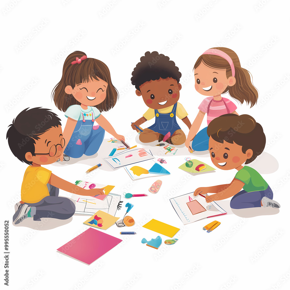 A delightful gathering of children engaging in creative art, surrounded by colorful drawings and art supplies, showcasing joy, friendship, and the beauty of childhood imagination in action. A delightful gathering of children engaging in creative art, surrounded by colorful drawings and art supplies, showcasing joy, friendship, and the beauty of childhood imagination in action.