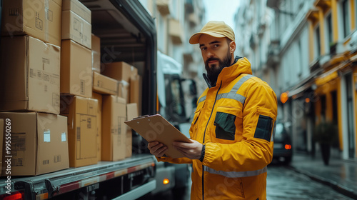 Delivery worker stands next to a truck filled with packages, checking inventory on a clipboard, demonstrating last-mile logistics in e-commerce.