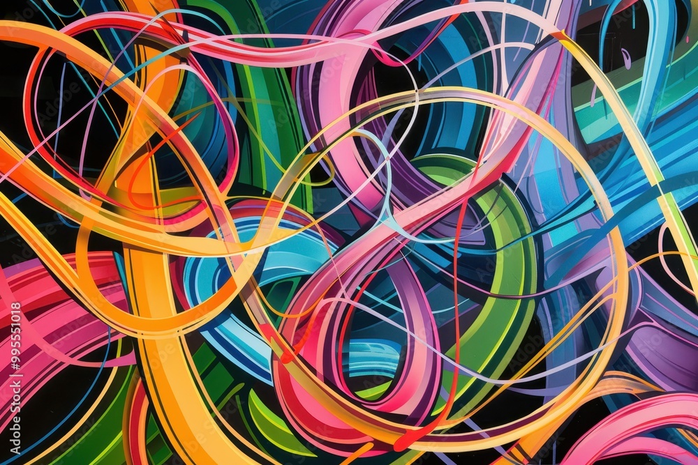 Colorful ribbons intertwining in vibrant patterns create an abstract display of light and texture against a dark background, showcasing artistic design and lively energy Colorful ribbons intertwining in vibrant patterns create an abstract display of light and texture against a dark background, showcasing artistic design and lively energy