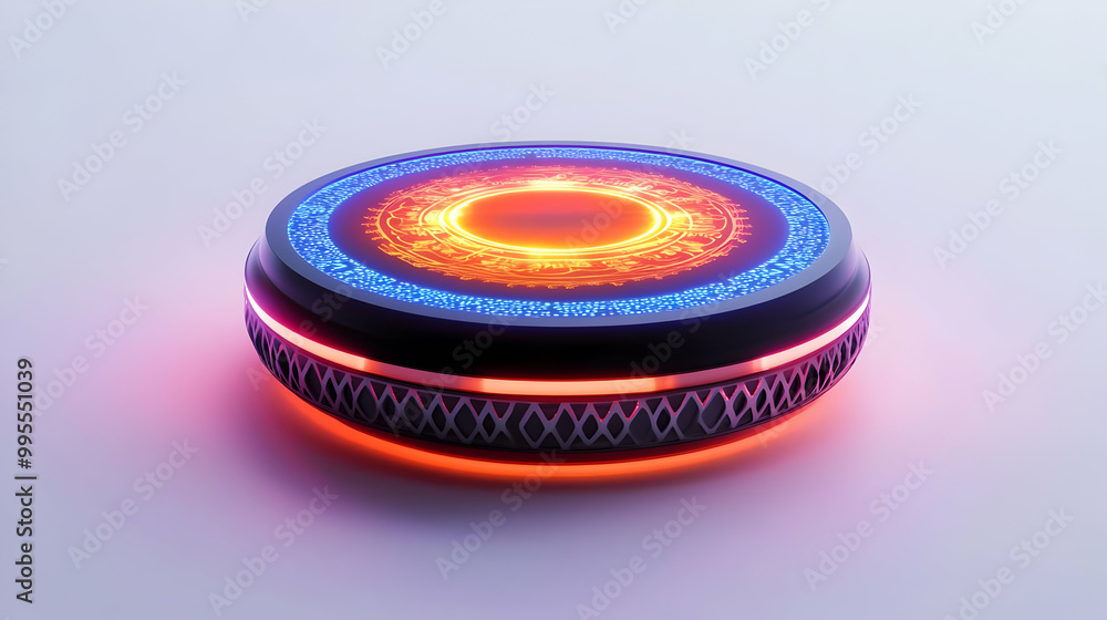 3D Digital Voice Assistant Device with Glowing Holographic Bhai Dooj Symbols - Close-Up Icon on White Background for Creative Designs 3D Digital Voice Assistant Device with Glowing Holographic Bhai Dooj Symbols - Close-Up Icon on White Background for Creative Designs