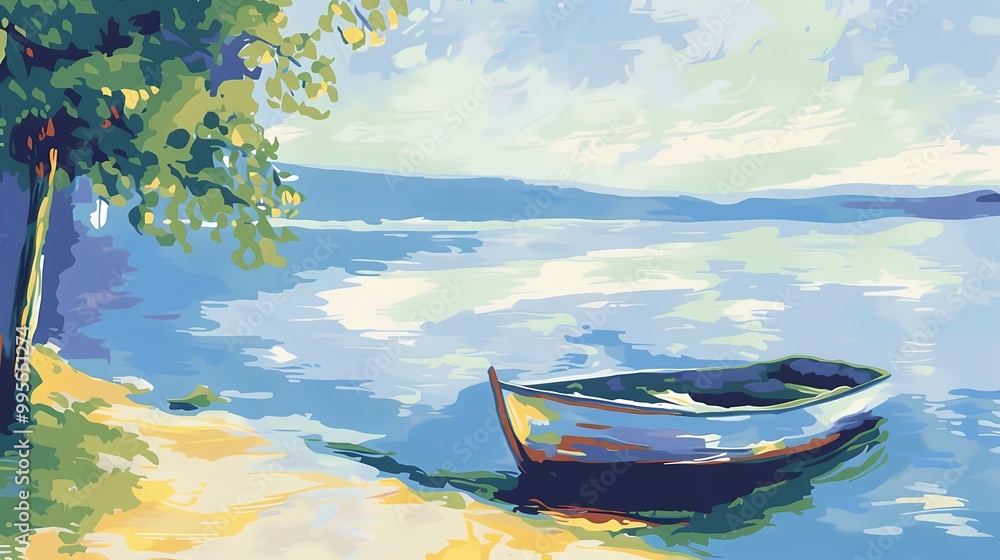 Fototapeta premium A quiet lakeside painting with a boat and reflection in the water