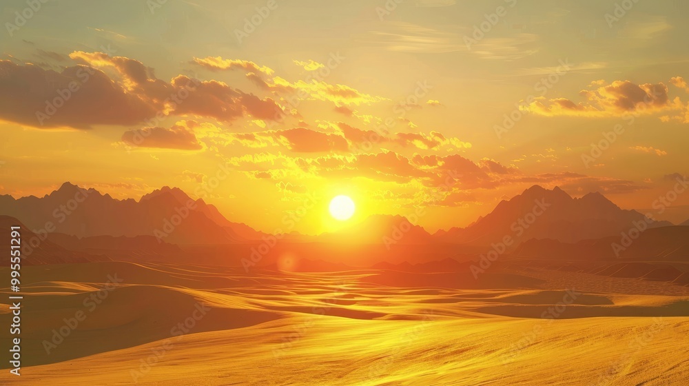 A golden sunset over a desert landscape with sand dunes illuminated by the setting sun. A golden sunset over a desert landscape with sand dunes illuminated by the setting sun.
