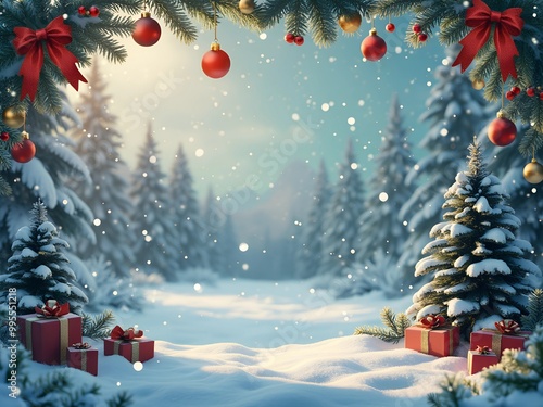 Christmas background with xmas tree branches and red balls, gift boxes against the backdrop of a snowy forest background. Merry Christmas card. Winter holiday theme. Happy New Year. Copy space