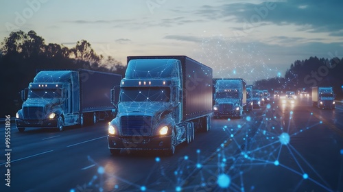 Semi-Trucks on Highway Connected by Digital Network at Dusk