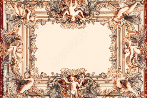 A detailed baroque frame design with cherubs and decorative elements forming an intricate border around a blank center photo