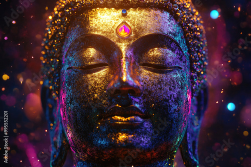 glowing golden buddha, universe background