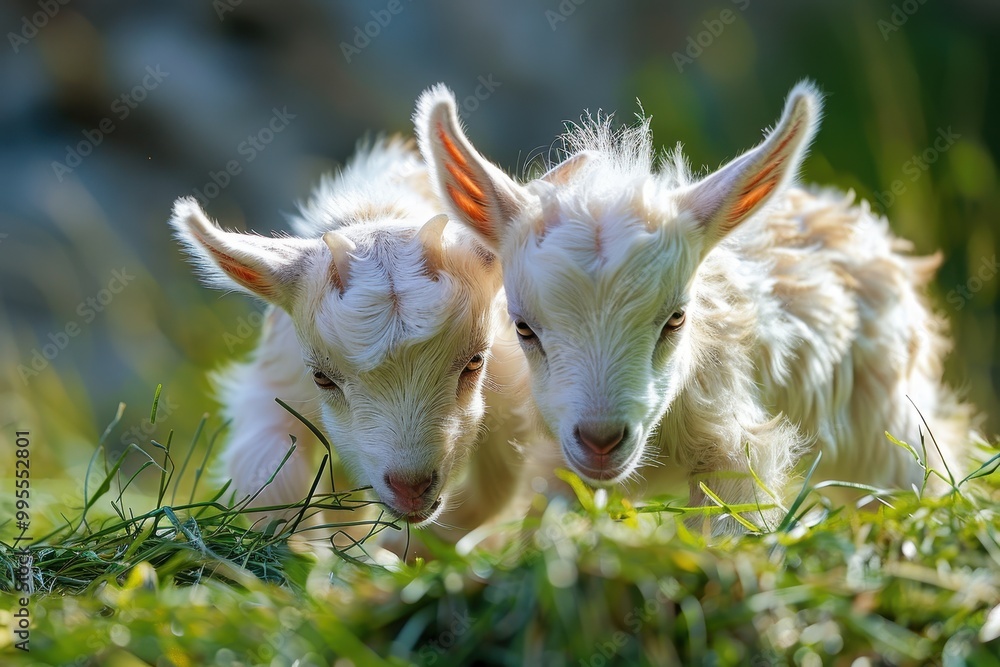 Two adorable baby goats munching on fresh grass in a sunny pasture, enjoying their playful afternoon in a rural setting Two adorable baby goats munching on fresh grass in a sunny pasture, enjoying their playful afternoon in a rural setting