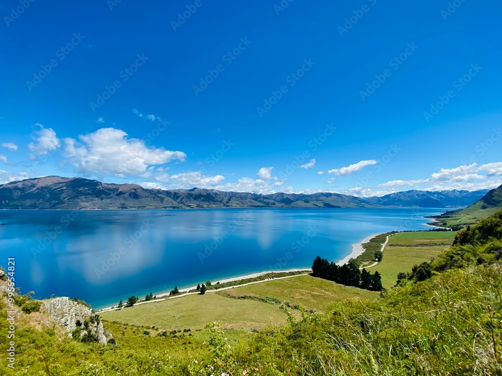 Beautiful New Zealand landscape of Lake Hawea from top of Breast Hill. Lake and mountains Beautiful New Zealand landscape of Lake Hawea from top of Breast Hill. Lake and mountains