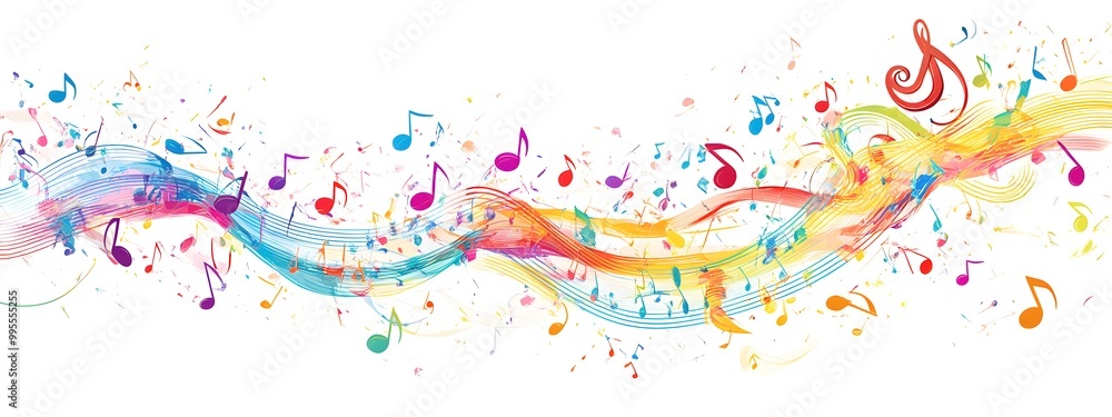 Obraz premium Colorful musical notes and treble clefs on a white background, vector illustration with space for text or message