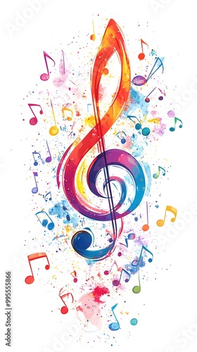 Colorful musical notes and treble clefs on a white background, vector illustration with space for text or message