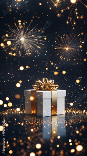  Gift box on black background, fireworks. AI generation.