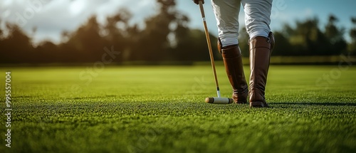 A close-up of a player poised to take a shot on a sunny day, showcasing the elegance of the sport and lush green field, background with copy space