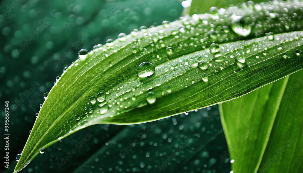 Morning dew on a fresh green leaf, macro photography capturing water droplets and leaf texture, stock image Morning dew on a fresh green leaf, macro photography capturing water droplets and leaf texture, stock image