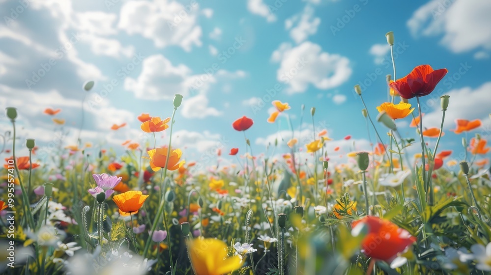 Obraz premium A meadow filled with colorful poppies under a sunny sky.