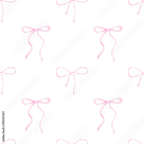 cute pink bows. Watercolor seamless pattern on white background for children's textiles and wrapping paper