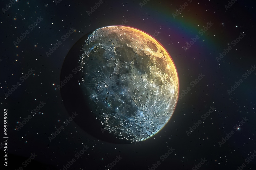A vibrant view of the moon shining brightly in a starry night sky with a subtle rainbow arc capturing a celestial moment A vibrant view of the moon shining brightly in a starry night sky with a subtle rainbow arc capturing a celestial moment