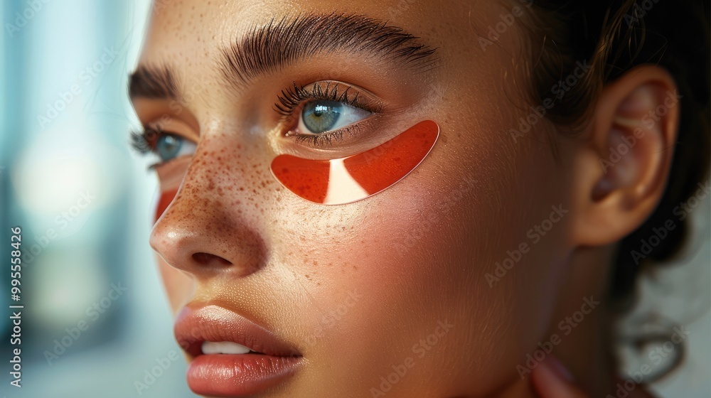 Fototapeta premium Models of women using red eye patches under the eye to improve dark circles.