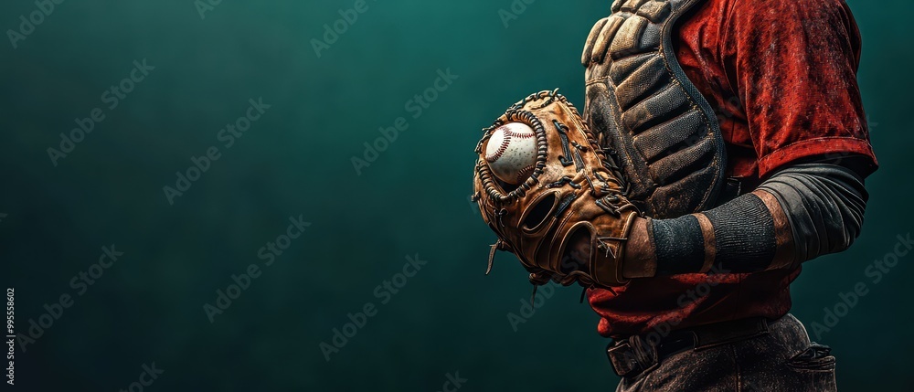 Close-up of a baseball player's hand holding a mitt, showcasing a vintage style with textures and colors, background with copy space Close-up of a baseball player's hand holding a mitt, showcasing a vintage style with textures and colors, background with copy space