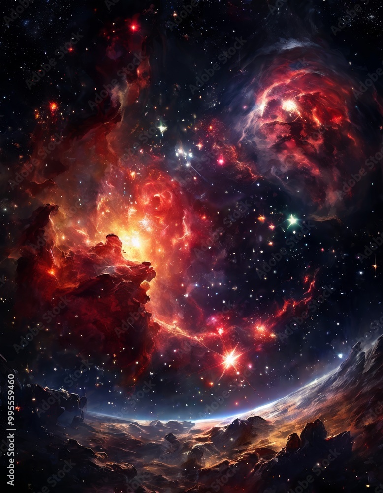 An awe-inspiring image of fiery cosmic clouds lighting up a distant galaxy, surrounded by glowing stars. The red and orange hues of the clouds contrast beautifully with the dark expanse of space An awe-inspiring image of fiery cosmic clouds lighting up a distant galaxy, surrounded by glowing stars. The red and orange hues of the clouds contrast beautifully with the dark expanse of space