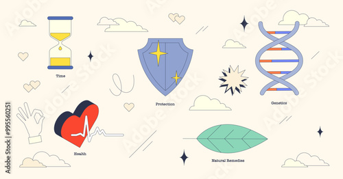 Conceptual image showcasing time, health, and genetics in neubrutalism style collection.