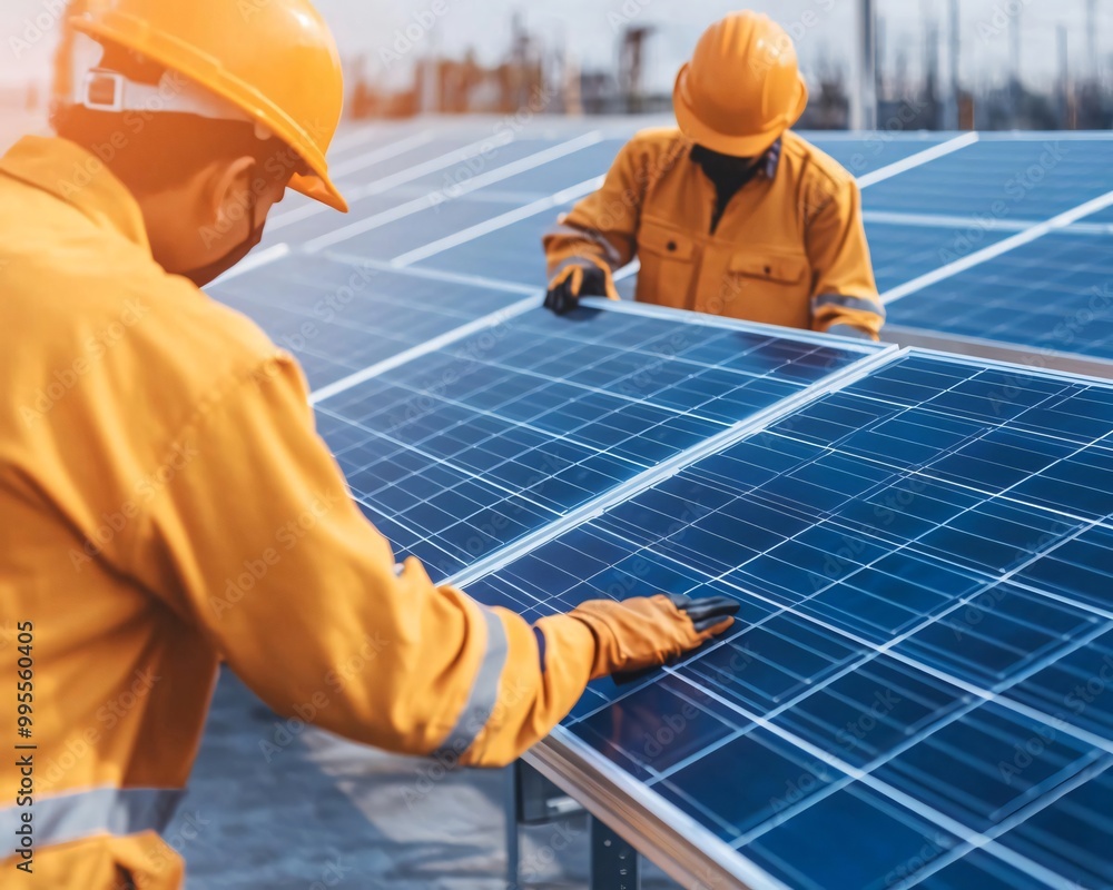 Workers inspecting solar panels on a bright day, showcasing renewable energy and teamwork in a modern environment. Workers inspecting solar panels on a bright day, showcasing renewable energy and teamwork in a modern environment.