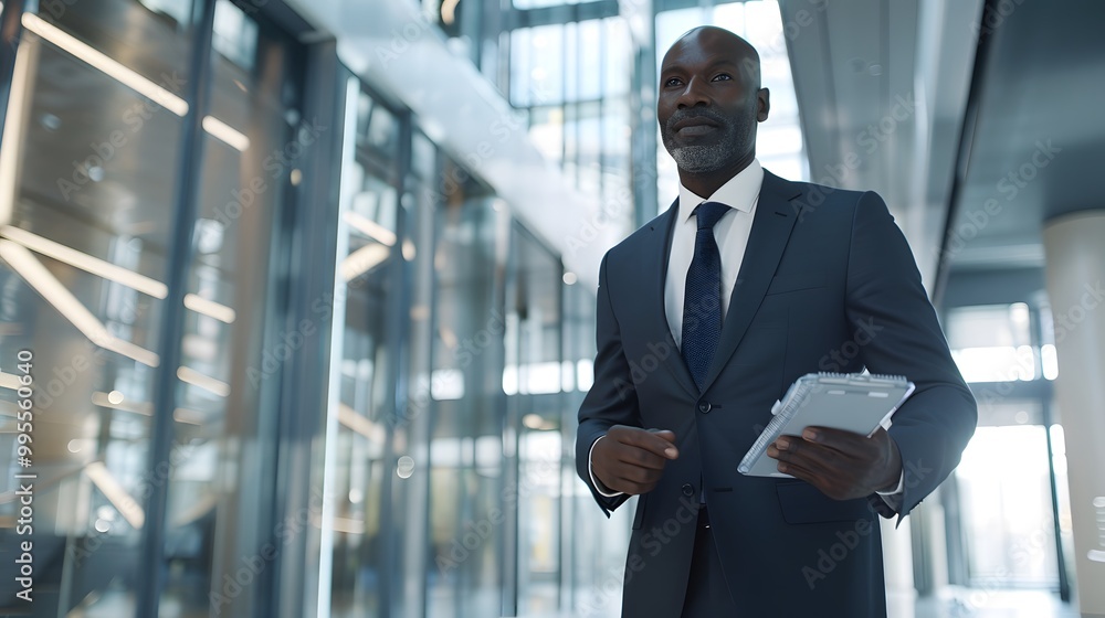 Confident businessman in modern office holding notepad with financial tips, exuding success and prosperity in professional environment. Confident businessman in modern office holding notepad with financial tips, exuding success and prosperity in professional environment.