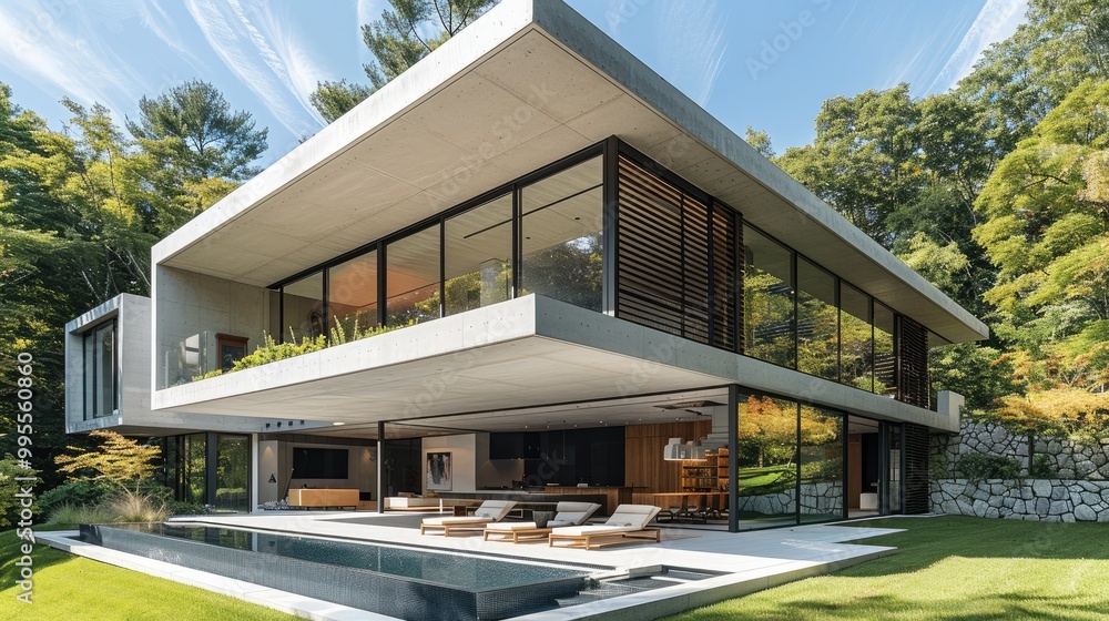 Modern concrete house with a flat roof and large windows, a mezzanine ...