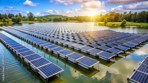 Numerous solar panels installed on a lake are generating clean energy photo