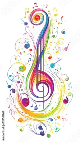 Colorful musical notes and treble clefs on a white background, vector illustration with space for text or message