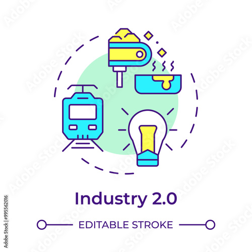 Industry 2.0 multi color concept icon. Second industrial revolution. Electricity and mass production. Round shape line illustration. Abstract idea. Graphic design. Easy to use in article