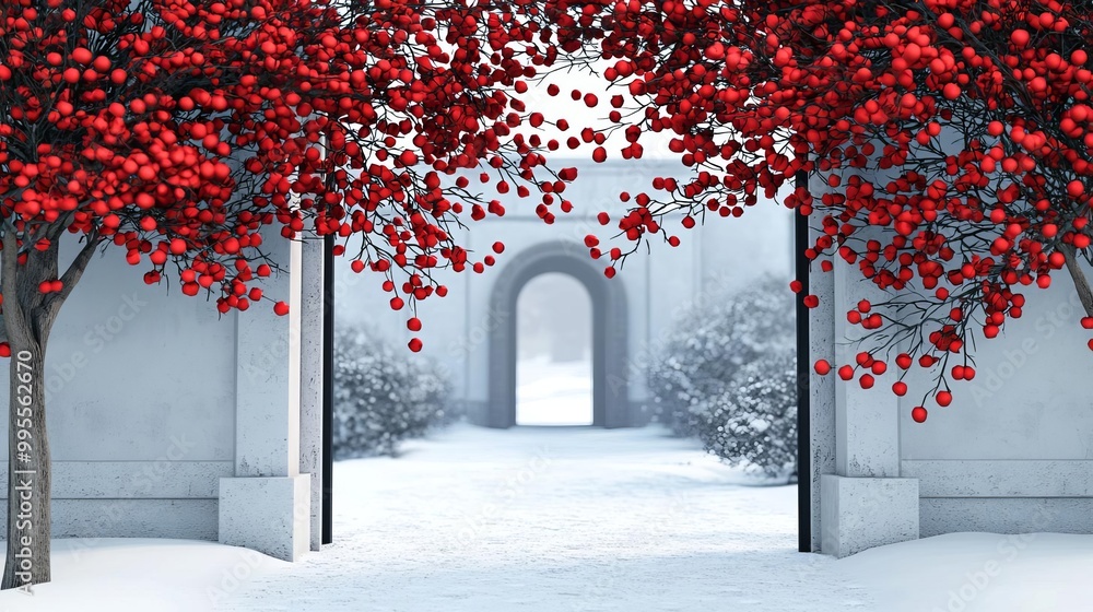 Red and black mistletoe hanging above a snowy entryway, 3D illustration Red and black mistletoe hanging above a snowy entryway, 3D illustration