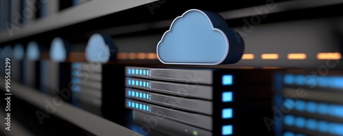 Technologyfocused cloud computing design with a data center illuminated by blue lights, representing modern cloud storage solutions photo