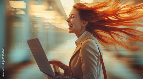 A female executive holding an opened laptop with both hands that makes her travel at incredible speed. Her hair flies as if she is going very fast. in office. photo