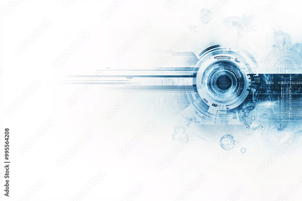 A digital abstract composition featuring blue gears and linear elements on a white background symbolizing advanced technology A digital abstract composition featuring blue gears and linear elements on a white background symbolizing advanced technology