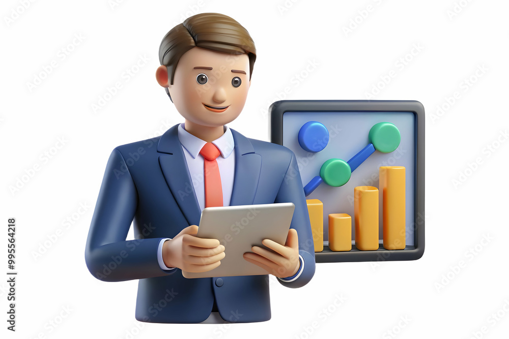 3D Candid Business Analyst Reviewing Cash Flow Data on Tablet in Modern Office | Financial Services Concept Image for Corporate Marketing