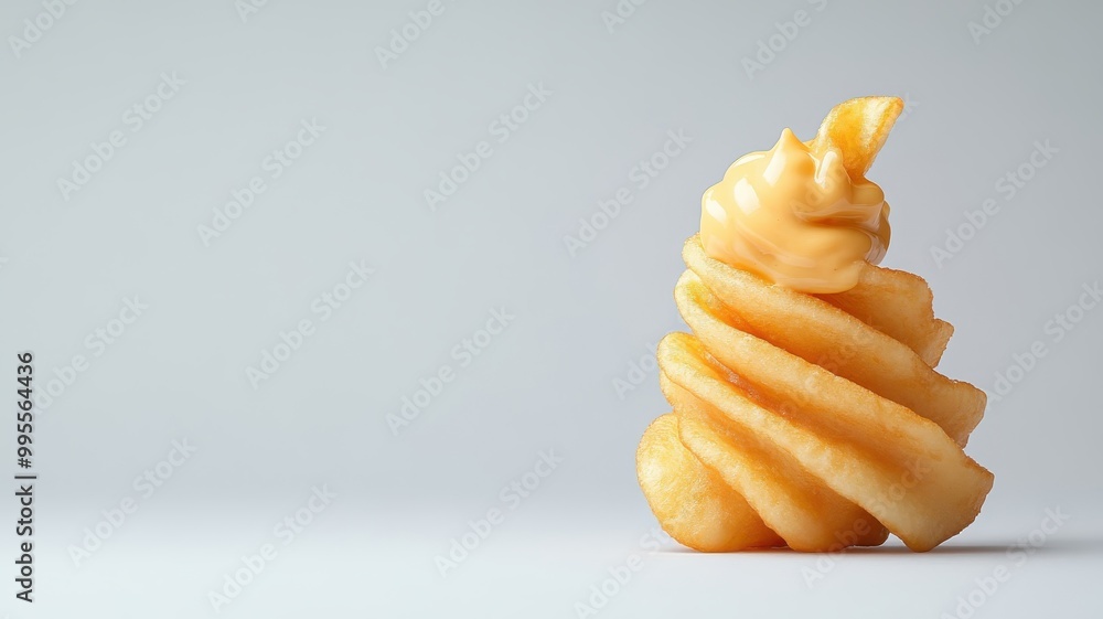 Single curly fry dipped in cheese sauce on white plate. Single curly fry dipped in cheese sauce on white plate.